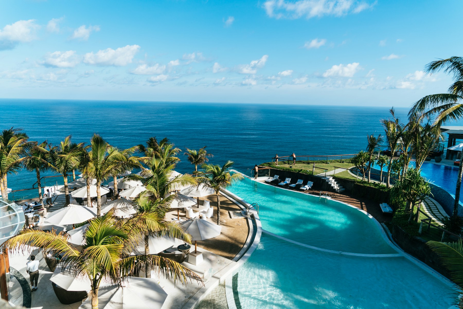 An elevated view of a luxury resort pool meeting the ocean, fringed by palm trees.